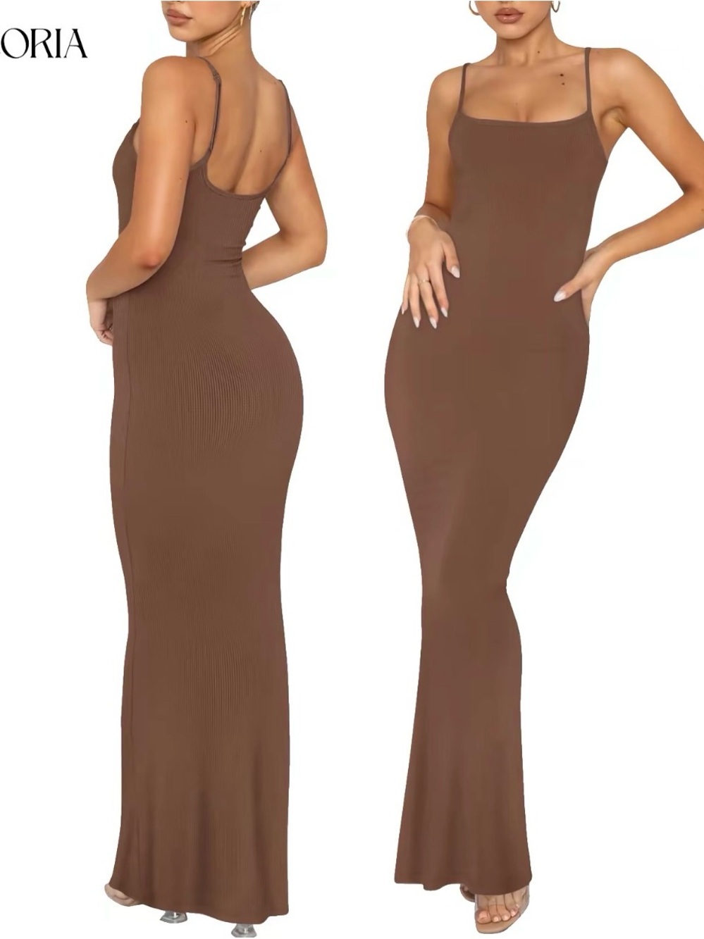 Brown Ribbed Maxi Slip Dress
